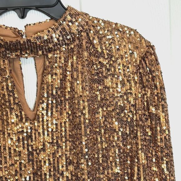 Cable & Gauge | Gold Sequin Puff Long Sleeve Mock neck Keyhole Blouse Shirt - Picture 4 of 16
